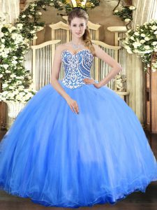 Baby Blue Tulle Lace Up Sweetheart Sleeveless Floor Length Ball Gown Prom Dress Beading