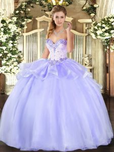 Lavender Organza Lace Up 15th Birthday Dress Sleeveless Floor Length Beading