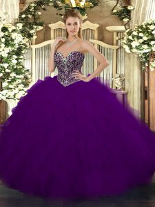 Floor Length Dark Purple Quinceanera Dresses Tulle Sleeveless Beading and Ruffles