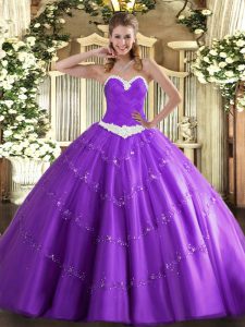 Simple Lavender Tulle Lace Up Sweetheart Sleeveless Floor Length Quinceanera Gowns Appliques