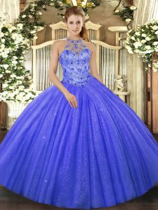 Latest Blue Ball Gowns Tulle Halter Top Sleeveless Beading and Embroidery Floor Length Lace Up Sweet 16 Dresses
