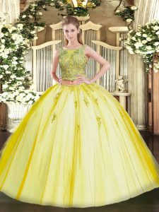 Elegant Yellow Sleeveless Floor Length Beading and Appliques Lace Up Quinceanera Dress