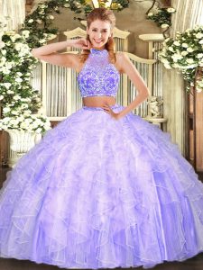 Lavender Two Pieces Beading and Ruffles Vestidos de Quinceanera Criss Cross Tulle Sleeveless Floor Length