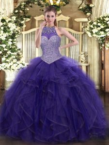 Sophisticated Floor Length Purple Quinceanera Gown Halter Top Sleeveless Lace Up