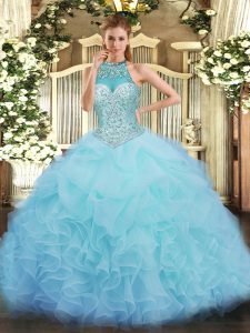 High Class Aqua Blue Halter Top Neckline Beading and Ruffles and Pick Ups Quinceanera Gowns Sleeveless Lace Up