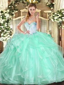 Modest Apple Green Organza Lace Up Quinceanera Gowns Sleeveless Floor Length Beading and Ruffles