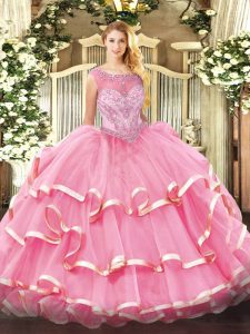 Discount Rose Pink Ball Gowns Beading and Ruffled Layers 15th Birthday Dress Zipper Organza Sleeveless Floor Length