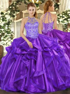 Floor Length Purple Quinceanera Gown Halter Top Sleeveless Lace Up