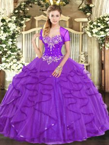 Pretty Beading and Ruffles Quinceanera Dress Purple Lace Up Sleeveless Floor Length
