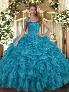Teal Sleeveless Organza Lace Up Quince Ball Gowns for Military Ball and Sweet 16 and Quinceanera