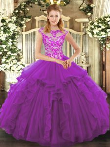 Scoop Cap Sleeves Lace Up Sweet 16 Quinceanera Dress Purple Organza