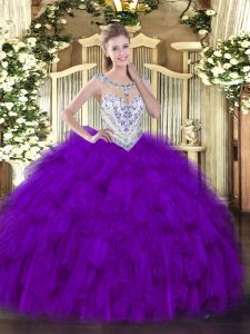 Purple Scoop Zipper Beading and Ruffles Quinceanera Dresses Sleeveless