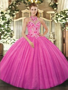 Ball Gowns Ball Gown Prom Dress Hot Pink Halter Top Tulle Sleeveless Floor Length Lace Up