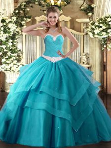 Tulle Sleeveless Floor Length Quinceanera Gown and Appliques and Ruffled Layers