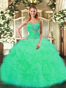 Graceful Sweetheart Sleeveless Quinceanera Gowns Floor Length Beading and Ruffles Turquoise Organza