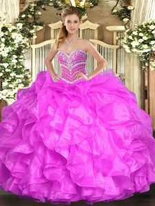 Custom Made Organza Sweetheart Sleeveless Lace Up Beading and Ruffles Quinceanera Gown in Fuchsia