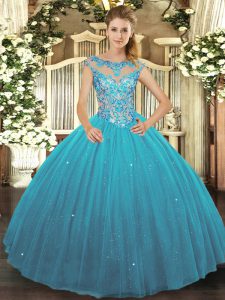Exceptional Scoop Sleeveless Vestidos de Quinceanera Floor Length Beading Teal Tulle