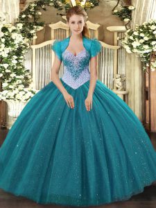 Teal Lace Up Sweet 16 Dress Beading and Sequins Sleeveless Floor Length
