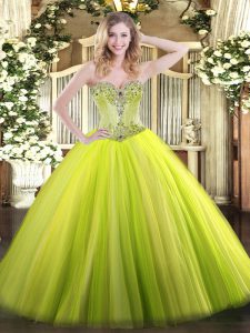 Delicate Yellow Green Lace Up Sweetheart Beading Quinceanera Dress Tulle Sleeveless
