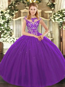 Simple Eggplant Purple Tulle Lace Up Scoop Sleeveless Floor Length Sweet 16 Dresses Beading and Appliques
