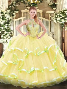 Organza Sleeveless Floor Length Ball Gown Prom Dress and Beading and Ruffled Layers