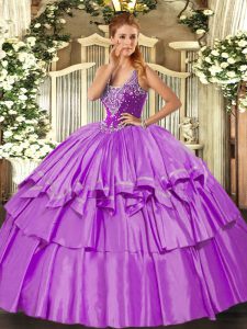 Lilac Ball Gowns Straps Sleeveless Organza and Taffeta Floor Length Lace Up Beading and Ruffled Layers Quinceanera Dress