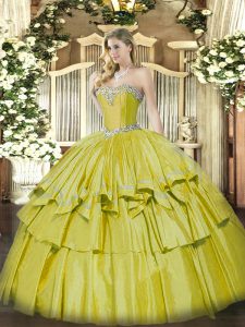 Customized Yellow Sweet 16 Dresses Military Ball and Sweet 16 and Quinceanera with Beading and Ruffled Layers Sweetheart Sleeveless Lace Up