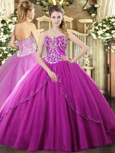 Fantastic Fuchsia Quince Ball Gowns Military Ball and Sweet 16 and Quinceanera with Beading Sweetheart Sleeveless Brush Train Lace Up