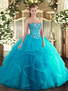 Floor Length Lace Up Sweet 16 Dress Aqua Blue for Military Ball and Sweet 16 and Quinceanera with Embroidery and Ruffles