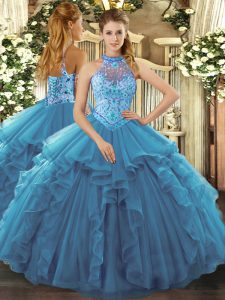 Unique Teal Sleeveless Beading and Ruffles Floor Length Quinceanera Gowns