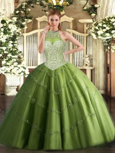 Olive Green Ball Gowns Tulle Halter Top Sleeveless Beading and Appliques Floor Length Lace Up Sweet 16 Quinceanera Dress