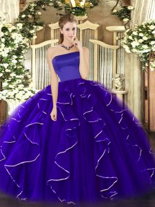 Simple Blue Ball Gowns Ruffles Vestidos de Quinceanera Zipper Tulle Sleeveless Floor Length