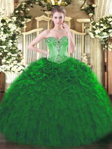 Simple Organza Sweetheart Sleeveless Lace Up Beading and Ruffles 15 Quinceanera Dress in Dark Green