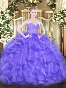 Floor Length Lavender Sweet 16 Dress Organza Sleeveless Beading and Lace and Ruffles