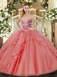 Sweetheart Sleeveless Tulle Quinceanera Gowns Beading and Ruffles Lace Up