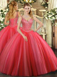 V-neck Sleeveless Tulle Quinceanera Dress Beading Lace Up