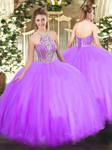 Sleeveless Tulle Floor Length Lace Up Quince Ball Gowns in Lilac with Beading