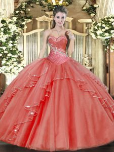 Flirting Floor Length Ball Gowns Sleeveless Coral Red Ball Gown Prom Dress Lace Up