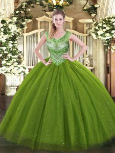 Attractive Scoop Sleeveless Quinceanera Gowns Floor Length Beading Olive Green Tulle and Sequined