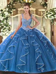 Fantastic Blue Sleeveless Beading and Ruffles Floor Length Sweet 16 Dresses