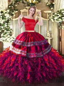 Gorgeous Two Pieces Quinceanera Dress Fuchsia Off The Shoulder Organza and Taffeta Short Sleeves Floor Length Zipper