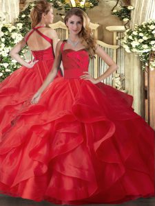 Romantic Floor Length Lace Up Quinceanera Gown Red for Military Ball and Sweet 16 and Quinceanera with Ruffles