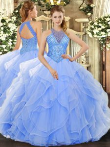 Stunning Floor Length Light Blue Ball Gown Prom Dress High-neck Sleeveless Lace Up