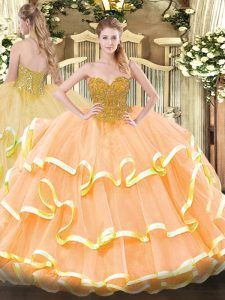 Extravagant Peach Ball Gowns Sweetheart Sleeveless Organza Floor Length Lace Up Beading and Ruffled Layers Sweet 16 Dress