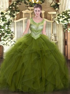 Adorable Floor Length Olive Green Quinceanera Gown Scoop Sleeveless Lace Up