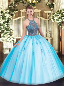 Aqua Blue Lace Up Sweet 16 Dresses Beading and Appliques Sleeveless Floor Length