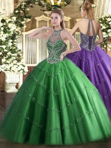 Dramatic Green Sleeveless Floor Length Beading Lace Up Sweet 16 Dresses