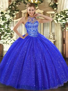 Gorgeous Royal Blue Tulle and Sequined Lace Up Halter Top Sleeveless Floor Length Quinceanera Gown Beading and Embroidery