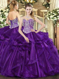 On Sale Purple Sweetheart Neckline Beading and Ruffles Quince Ball Gowns Sleeveless Lace Up