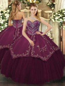 Stunning Burgundy Sleeveless Floor Length Beading and Pattern Lace Up Ball Gown Prom Dress